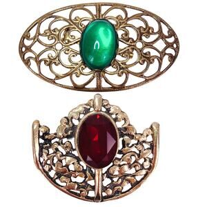 Vintage Mid Century Gold Tone Filigree Brooches Red Green Glass Cabochons Set